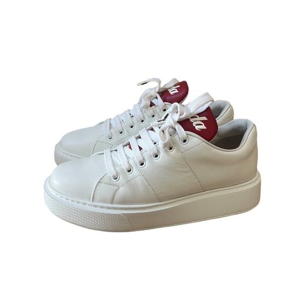 Prada Size 39 White Leather Sneakers Platform Double Wheel Red Tongue Shoes - Picture 1 of 10